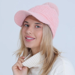 Pink knit baseball cap for women with plush pompom and warm thick lining for winter