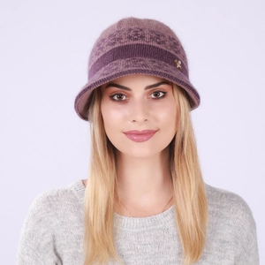 Close-up of purple knit hat featuring floral texture and gold metal bow detail