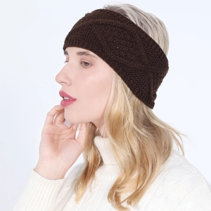 Detail of coffee brown cable knit headband with twist knot and diamond texture