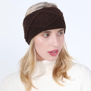 Detailed close-up of dark brown cable knit headband featuring cross-twisted patterns