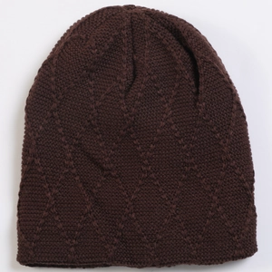 Detail shot of a dark coffee knit beanie showing its intricate diamond grid texture