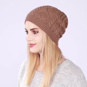 Close-up of brown knit beanie showing diamond cable stitch pattern on soft warm yarn