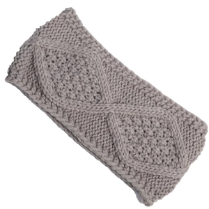 Detail of grey cable knit headband featuring textured honeycomb and diamond patterns