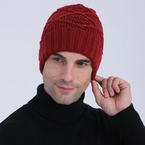 Red knit beanie with diamond texture for men and women, warm winter skull cap