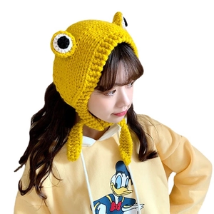 Cute yellow frog-style knitted beanie with big 3D eyes and ear flaps for women