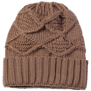 Brown knit beanie with thick jacquard diamond pattern and ribbed cuff for winter warmth