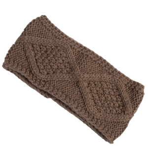 Detail shot of winter knit headband showing chunky brown diamond and cable stitch texture