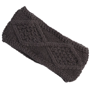 Macro detail of dark brown knit headband featuring a raised diamond cable stitch pattern
