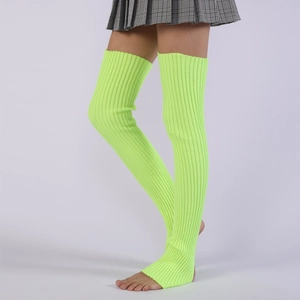 Detail of fluorescent green ribbed knit over-knee leg warmers with stirrup foot design
