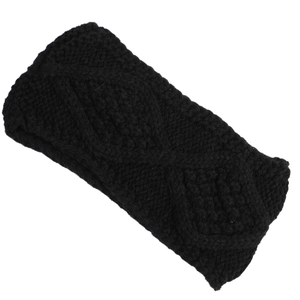 Close-up of black cable knit headband with thick textured weave for winter warmth