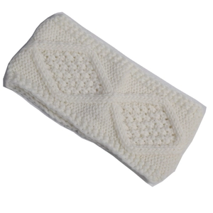 Detail of white chunky knit headband with diamond pattern and textured weave for winter