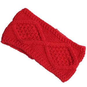 Detail of red cable knit headband showing thick diamond pattern weave for winter