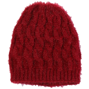 Deep red cable knit beret hat for women with warm fleece lining and thermal fabric