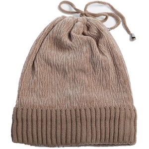 Detail view of the soft ribbed texture and metal-tipped drawstring on a brown knitted hat