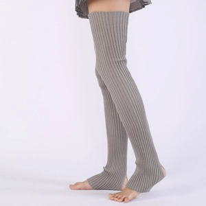 Detail of grey knitted over-knee leg warmers with vertical ribs and heel opening