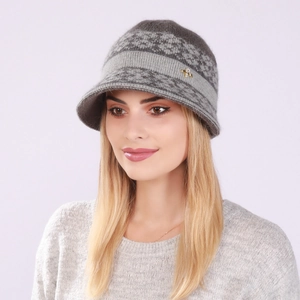 Close-up of a women's knit cloche hat with mixed grey texture and golden bow detail