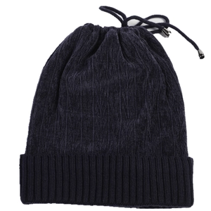 Dual-use knit beanie scarf with cable pattern and drawstring metal buckle in navy blue