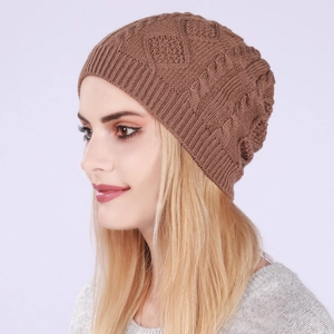 Brown cable knit slouchy beanie hat for women featuring diamond pattern and ribbed cuff