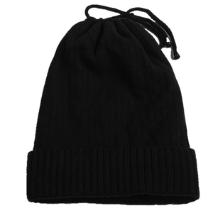 Detail of black knitted beanie showing ribbed texture, dual-use design, and adjustable drawstrings
