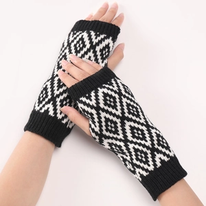 Gebreide vingerloze handschoenen voor dames met zwart-wit ruitpatroon voor de winter