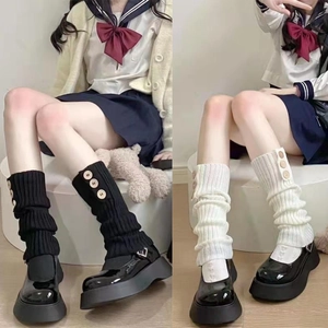 Damen Y2K Strick Beinstulpen Gestreifte Socken Mit Knöpfen Warm Winter JK Stil Japanische Mode Beinwärmer