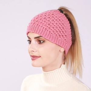 Bandeau en tricot rose ajouré avec passage pour queue de cheval pour femme