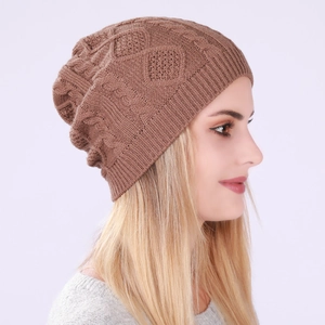 Caramel knit slouchy beanie for men and women featuring warm diamond cable knit patterns