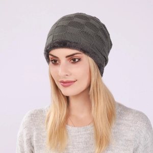 Close-up of dark grey checkered knit beanie with thick thermal fleece lining for winter warmth