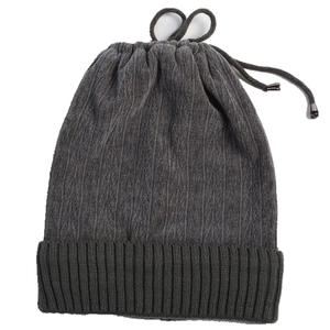 Detail of dark grey knit beanie featuring a ribbed brim and adjustable metal drawstring