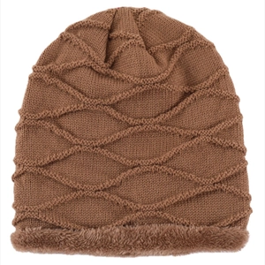 Brown knitted beanie hat with fleece lining and winter wave pattern for men and women