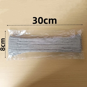 Detail showing grey cable knit arm warmer dimensions of 30cm length in packaging