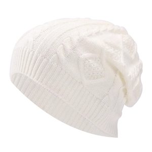 White knitted slouchy beanie hat for winter with thick cable knit diamond pattern