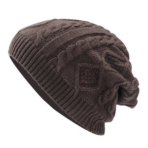 Slouchy dark brown cable knit beanie for men and women with ribbed cuff for winter warmth