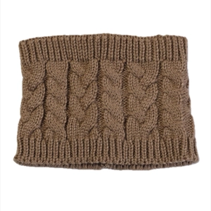 Close-up of brown cable knit snood with ribbed edges and thick thermal texture