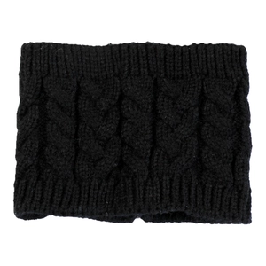 Close-up of black cable-knit infinity scarf showing elastic texture and warm winter fabric