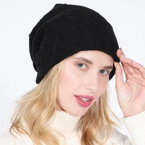 Black knit beanie with diamond pattern and warm lining for men and women in winter