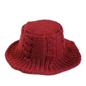 Deep red cable-knit bucket hat for women with warm ribbed texture and vintage style