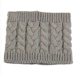 Detail of grey cable knit neck warmer featuring ribbed edges and thick texture