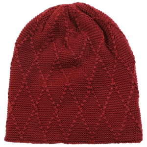Winter wine red knit beanie hat featuring diamond lattice pattern and warm fleece lining
