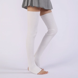 Detailed texture of white ribbed knit over-the-knee leg warmers with open heel design