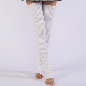 White ribbed knit over-the-knee leg warmers with stirrup heel for ballet and yoga