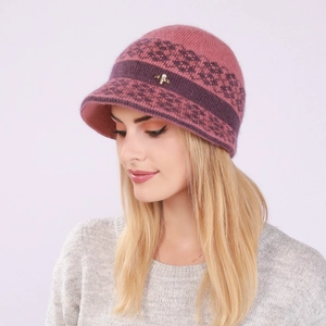 Detail of pink knitted bucket hat with purple jacquard and golden butterfly buckle decor