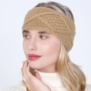 Winter khaki knitted twist headband for women with thick wool texture for warmth