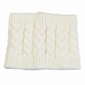 Close-up of cream white cable-knit neck warmer showing soft elastic chunky knit texture