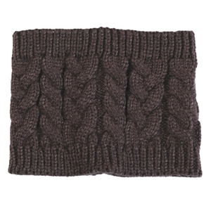Detail of dark coffee cable-knit texture on a warm winter headband with ribbed edges