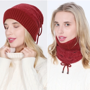 Women Winter Chenille Knitted Beanie Hat And Neck Warmer Set Fleece Lined Warm Slouchy Cap With Drawstring For Outdoors