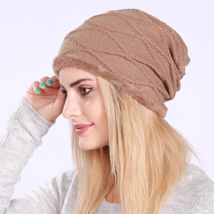 Women Men Winter Beanie Hat Warm Fleece Lined Knitted Slouchy Hat Wave Pattern Thick Skull Cap Outdoor Windproof Beanie