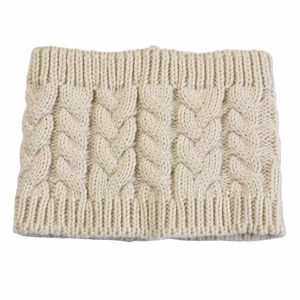 Close-up of cream cable knit snood showing thick texture and ribbed edges details