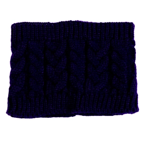 Detail of dark purple knitted neck gaiter with classic cable knit texture pattern