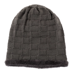Detail view of dark grey knitted beanie showing checkered pattern and thick fleece lining